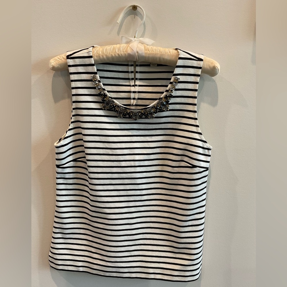 J. Crew Striped Sleeveless Top with Jeweled Neckline, White/Black, Size XS